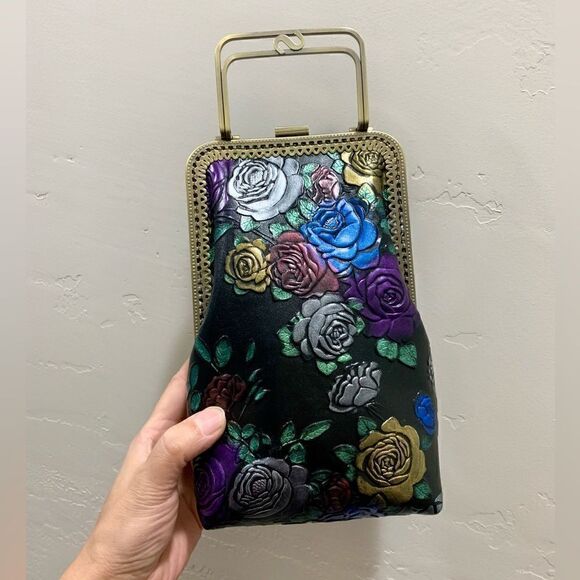 Handmade Genuine Embossed Rose Cowhide Clutch/Phone Case, Kiss Clasp/Clip Pouch - Picture 6 of 16